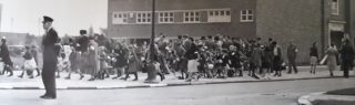 Long queue of children in central Welwy Garden City